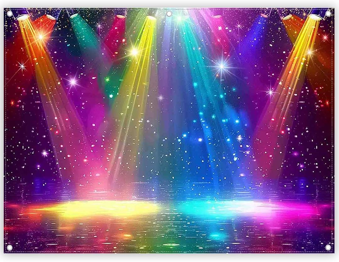 Fabric 8x6ft Disco Rainbow Stage 70s 80s 90s Backdrop Vintage Lights Photography Background Rock Music Club Neon Glow Party Decorations Photo Banner