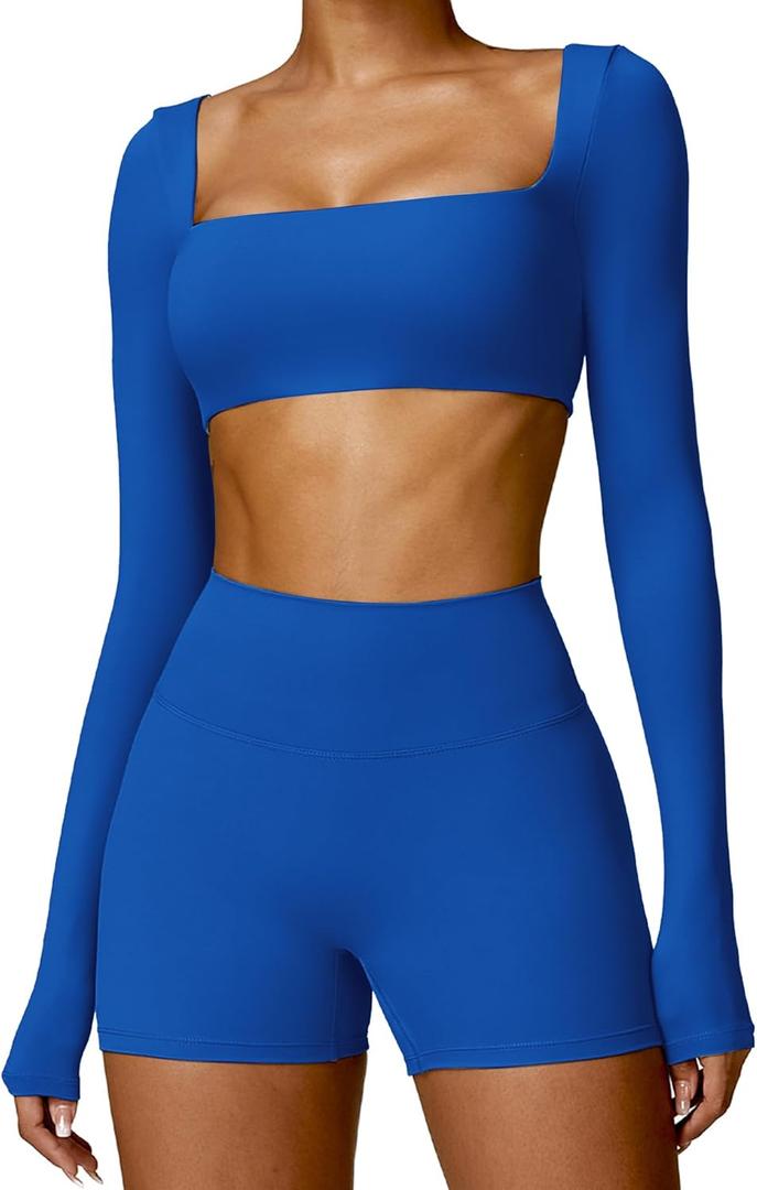 ABOCIW Women Square Neck Long Sleeve Workout Crop Top Low Medium Impact Athletic Yoga Gym Shirts with Built in Bra(ONLY TOP) (X-Large, Royal Blue)