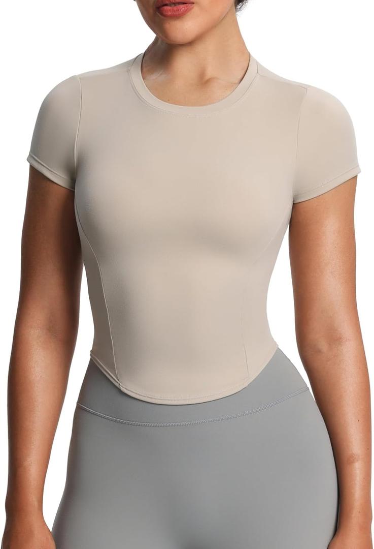 Aoxjox Women's Short Sleeve T-Shirts GEO Baby Tee Workout Gym Yoga Crop Top (Beige, Large)