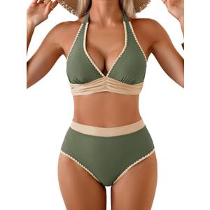 Aidonger Womens Bikini Sets High Waisted Swimsuit Halter V Neck Shell Stitched Two Piece Bathing Suits (X-Small, Army Green)