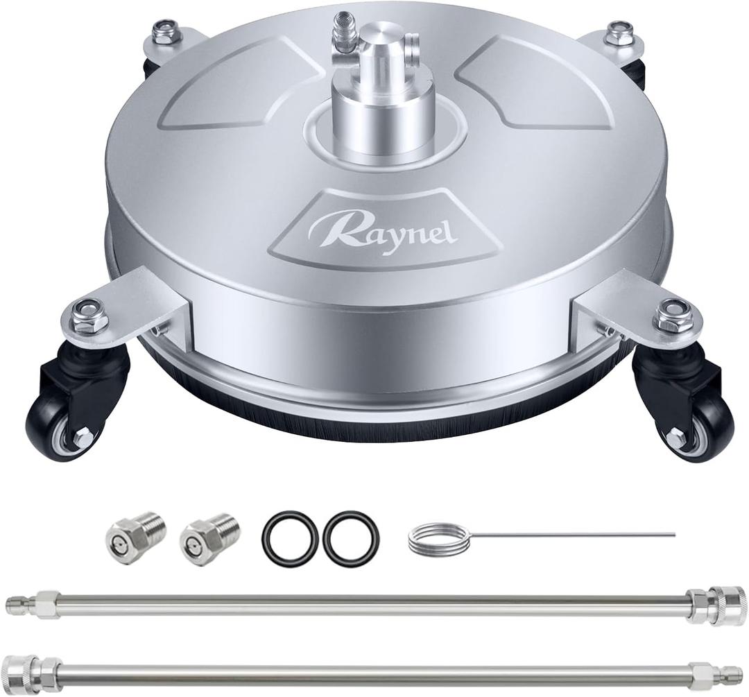 RAYNEL 14'' Pressure Washer Surface Cleaner with 4 Wheels, Stainless Steel Housing, 1/4" Quick Plug, 2 Extended Wands, 2 Replacement Nozzles