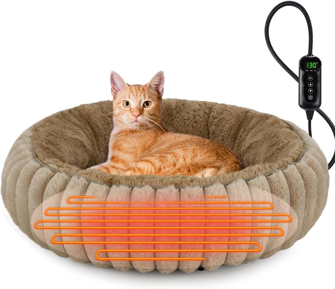 INVENHO Heated Cat Beds for Indoor Cats and Small Dogs, 20" Cozy Donut Heated Pet Bed with Timer & Temp Adjustable, Removable Waterproof Electric Warming Bed for Indoor Cat