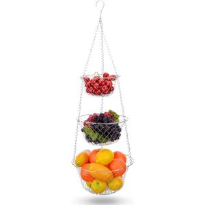 IBERG 3-Tier Fruit Basket Hanging Baskets for Storage - Kitchen Bathroom Organizer (Chrome)