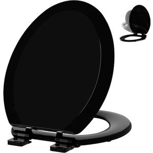 Angol Shiold Quiet-Close Molded Wood Toilet Seat with Non-Slip Adjustable Hinges, Anti-Pinch Bumpers, Easy Install & CleanBlack, Elongated 18.5''