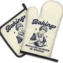DYJYBMY Baking Because Murder is Wrong Funny Oven Mitts and Pot Holder Set, Humorous Vintage Lady Kitchen Gadgets for Women, Birthday Gifts for Bake Lover Chef, Hostess Gifts for Mom Wife Sister BFF (Beige01)