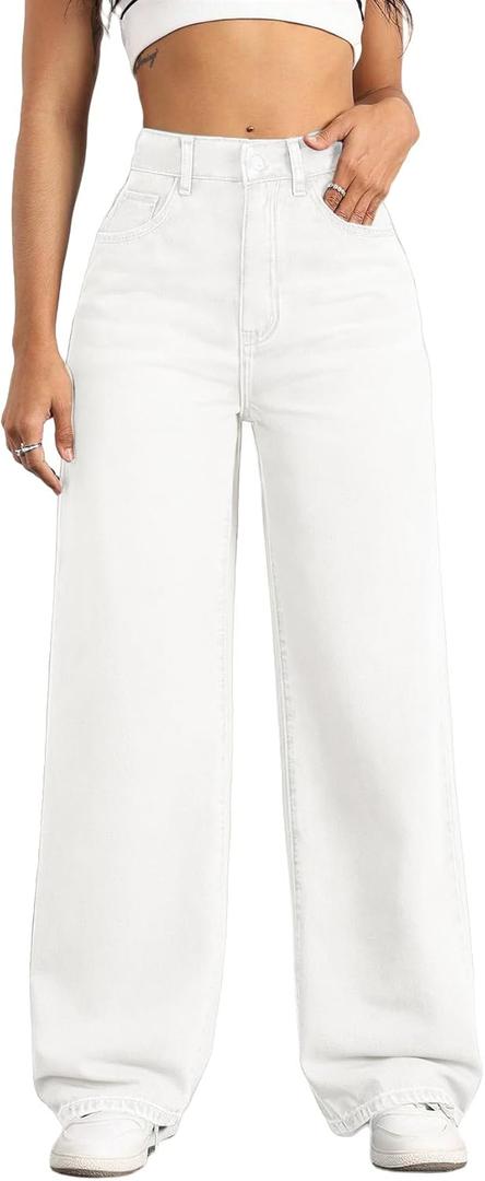 Straight Leg Jeans for Women,High Waisted Wide Leg Loose Stretchy Boyfriend Denim Pants Baggy Jeans for Women (Large, White)