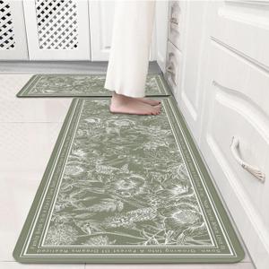 Sage Green Minimalist Line Art Floral Kitchen Rug Sets [2 PCs], Anti-Fatigue, Waterproof Non-Slip Kitchen Mats Heavy Duty Comfort Foam Rug for Kitchen, Floor, Laundry,17"x29"+17"x47"