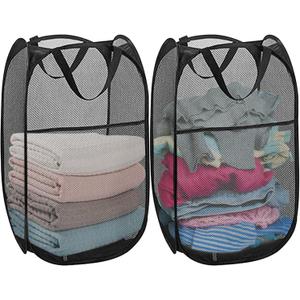 Pack of 2 Pop Up Laundry Hamper Collapsible Laundry Baskets Black Mesh Laundry Baskets with Portable Handle, Side Pocket for Bedroom, Nursery Room, Travel, Cruise