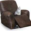 Leather Look Recliner Chair Covers, 4-Pieces Stretch Recliner Cover, Soft Reclining Chair Slipcover, Washable Furniture Protector for Lazy Boy Recliner (1 Seater, Brown)
