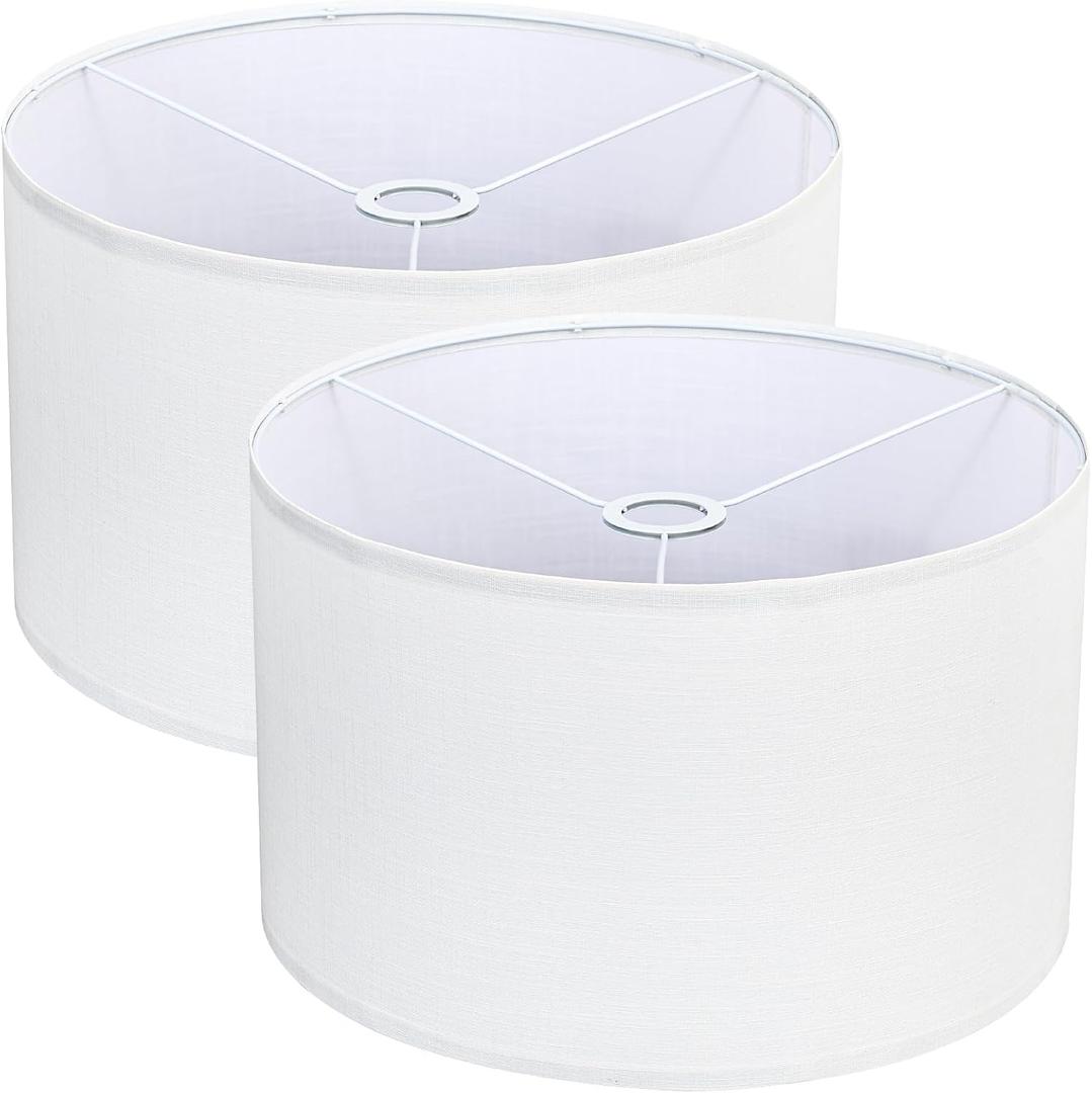 White Drum Lamp Shades Set of 2 16" Top x 16" Bottom x 10" High, Large Linen Lampshades for Table Lamps & Floor Lamps, Cylindrical Lamp Shade Replacement with 3 Adapter Rings, Easy to Assemble