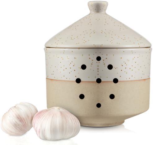 Honeydak 1 Pcs Large Ceramic Garlic Keeper with Lid & Holes, 4" x 4.5" Decorative Countertop Storage Container for Farmhouse Kitchen, Keeps Garlic Cloves Fresh, White