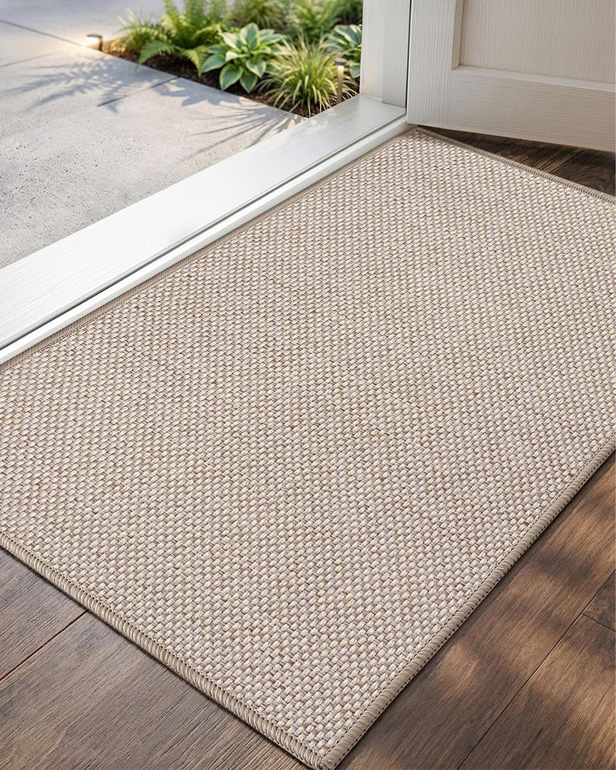 Color&Geometry Ultra-Thin Indoor Door Mat, 24"x36" Low-Profile Non-Slip Entryway Rug with Modern Geometric Texture, Washable Doormat for Indoor Entrance, Front Door, Khaki (Rolled-up NO Creases)