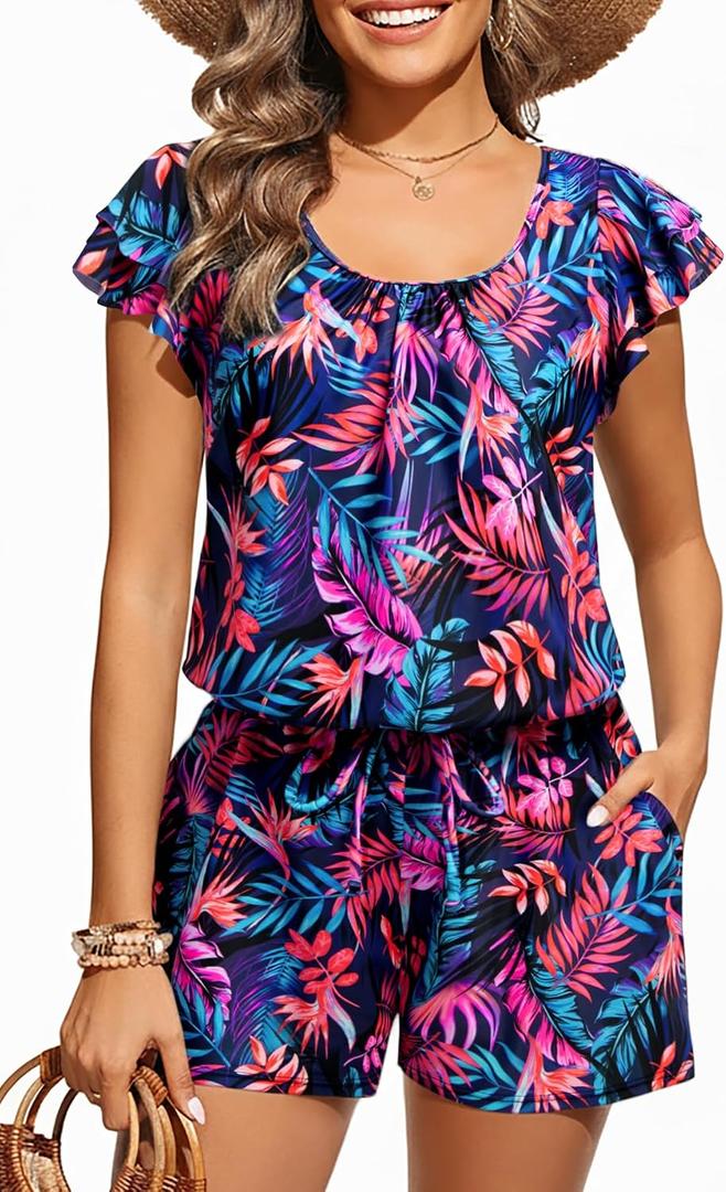 Tempt Me Women One Piece Romper Swimsuit - Ruffle Sleeve Modest Jumpsuit Bathing Suit with Shorts 2026 Swimwear, Large, Colorful Leaves