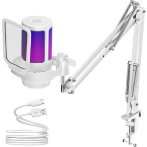 InnoGear Gaming USB Microphone, Noise Cancellation Condenser Mic with Mute, Gain, RGB Indicator, Boom Arm Stand for Streaming, Podcast, Twitch, YouTube, Discord, PC, Computer, PS4, PS5, Mac, White