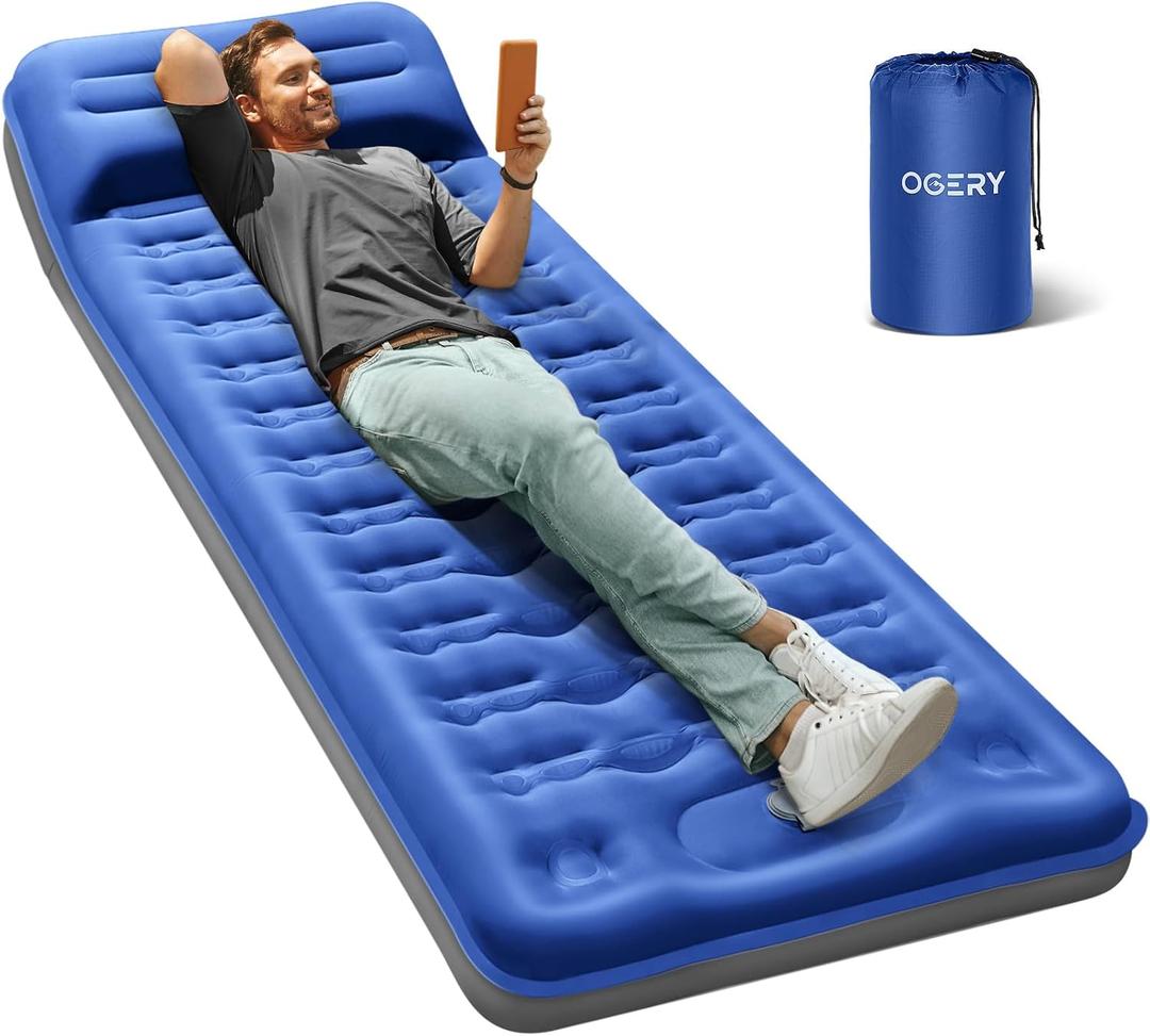 OGERY Sleeping Pad for Camping, 6" Extra-Thick Reinforced Camping Sleeping Pad with Pillows & Built-in Foot Pump, Ultralight Self Inflating Air Mattress Mat for Tent Hiking Essentials Gear (Single, Blue)
