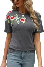 Mexican Shirts for Women Floral Embroidered Tops Short Sleeve Blouses Women's Traditional Fiesta Tees Tunic Peasant, S