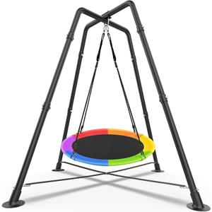 Swing Set with 35'' Saucer Swing, Sensory Swing Set, Metal Swing Stand with Saucer Swing, X-Shaped Swing Frame, Hammock Chair with Stand, w/4 Ground Stakes, for Indoor and Outdoor 330LBS (Multicolor)