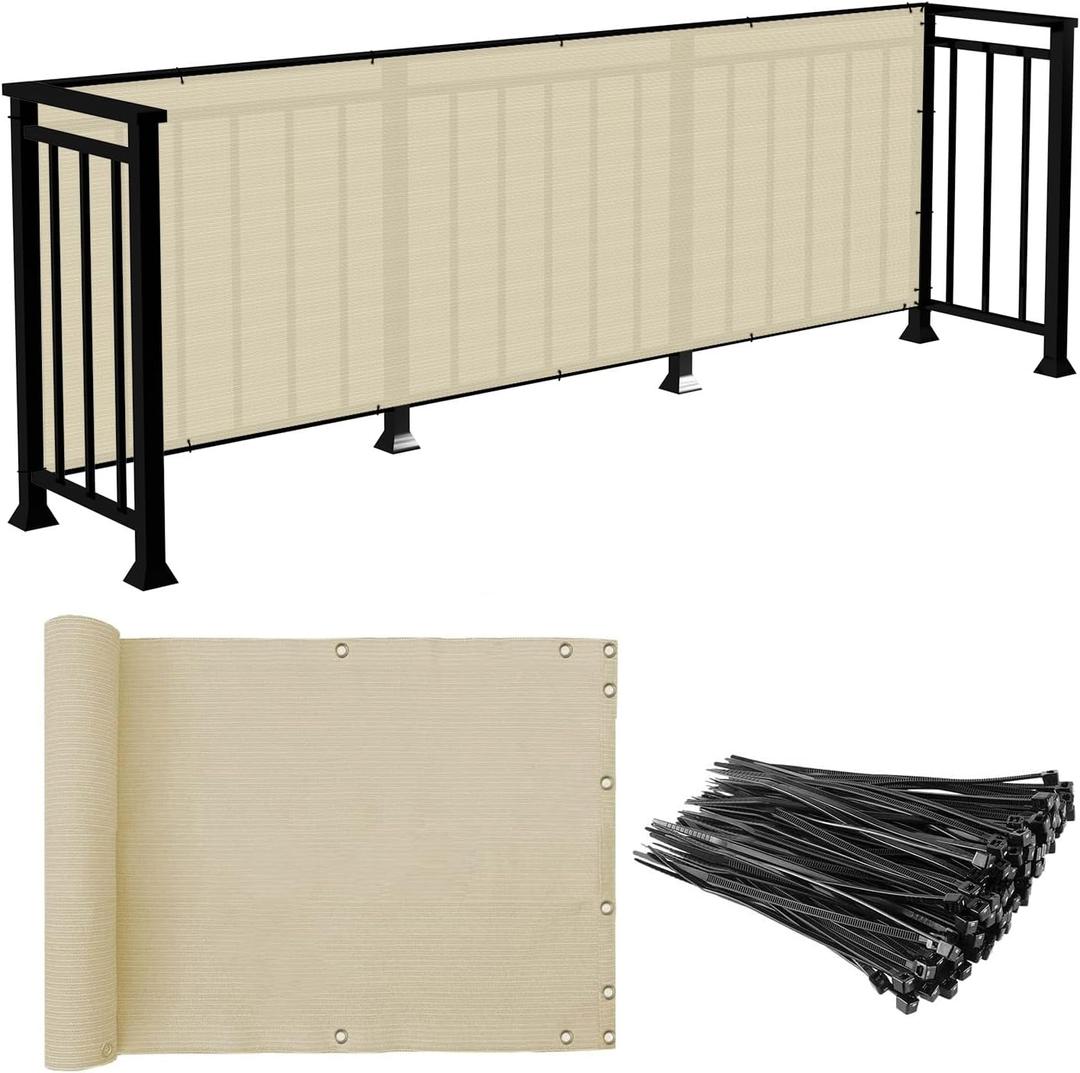 E&K Sunrise 3' x 15' Balcony Privacy Fence Screen Cover with Zip Ties Outdoor Screen Fence UV Protection for Deck Patio Backyard Apartment Pool Porch (Beige)