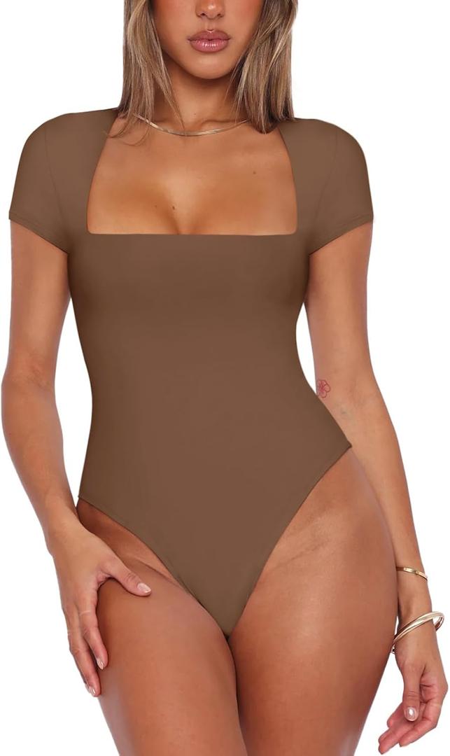 REORIA Womens Sexy Square Neck Double Lined Shirt Stretchy Basic Short Sleeve Going Out Thong Bodysuit Tops (Small, Coffee)