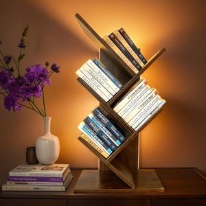 Godferyxin Tree Bookshelf with Liting,Small Bookcase LED and Desktop Book Shelf for Office, Home or School Small Bookshelf for Wood Displaying Books, CDs, Magazines Wood Book Rack-Mini Bookcase