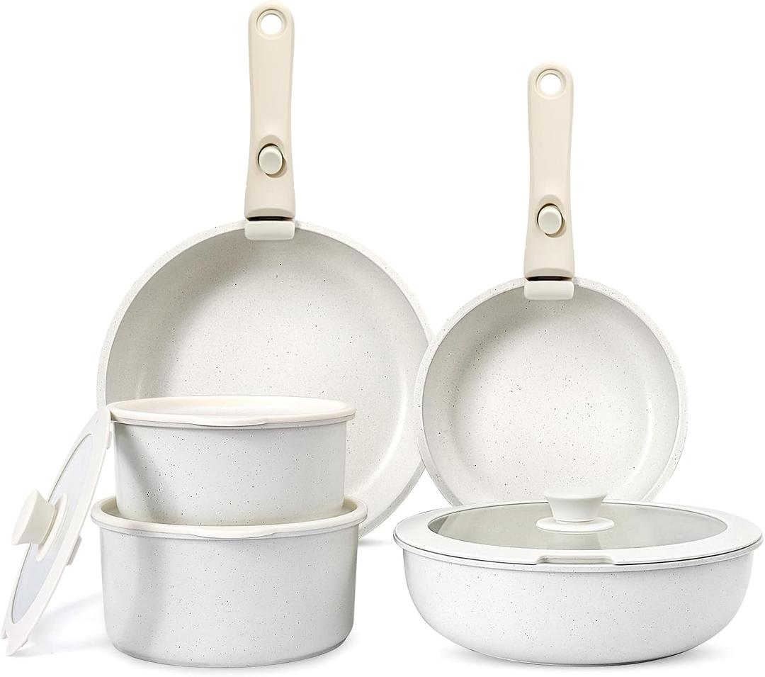 GiPP 11Pcs Pots and Pans Set Non Stick, Cookware Sets Nonstick Detachable Handle, Induction Kitchen Set Removable Handle, RV Cookware set, Oven Safe (White)