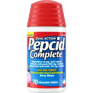 Pepcid Complete Acid Reducer + Antacid Chewable Tablets, 10mg Famotidine, 800mg Calcium Carbonate & 165mg Magnesium Hydroxide per Heartburn Medicine Tablet, Antacid Chews, Berry Flavored, 70 ct