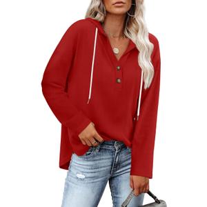 Hooded Sweatshirt for Women Christmas Sweaters for Women 2025 V Neck Long Sleeve Shirts Plus Size Casual Tops Plain, Red, 2XL