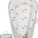 Aila + Aiden Baby Lounger | Organic Cotton Infant Lounger | Reversible, Adjustable & Portable Floor Lounger |Supervised Use | Soft, Breathable, Washable Cover - Star Collection (White/Tan)
