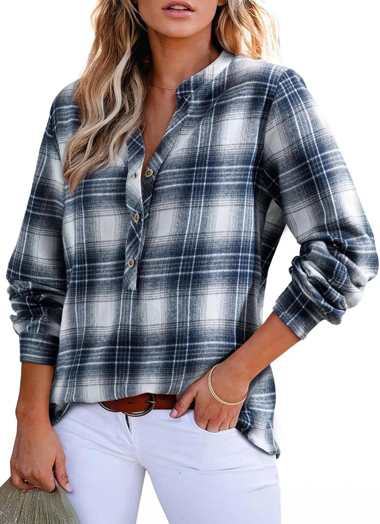 Astylish Women's V Neck Plaid Shirts Flannel Casual Blouses Button-Down Business Long Sleeve Boho Tops (Navy Blue,Medium)