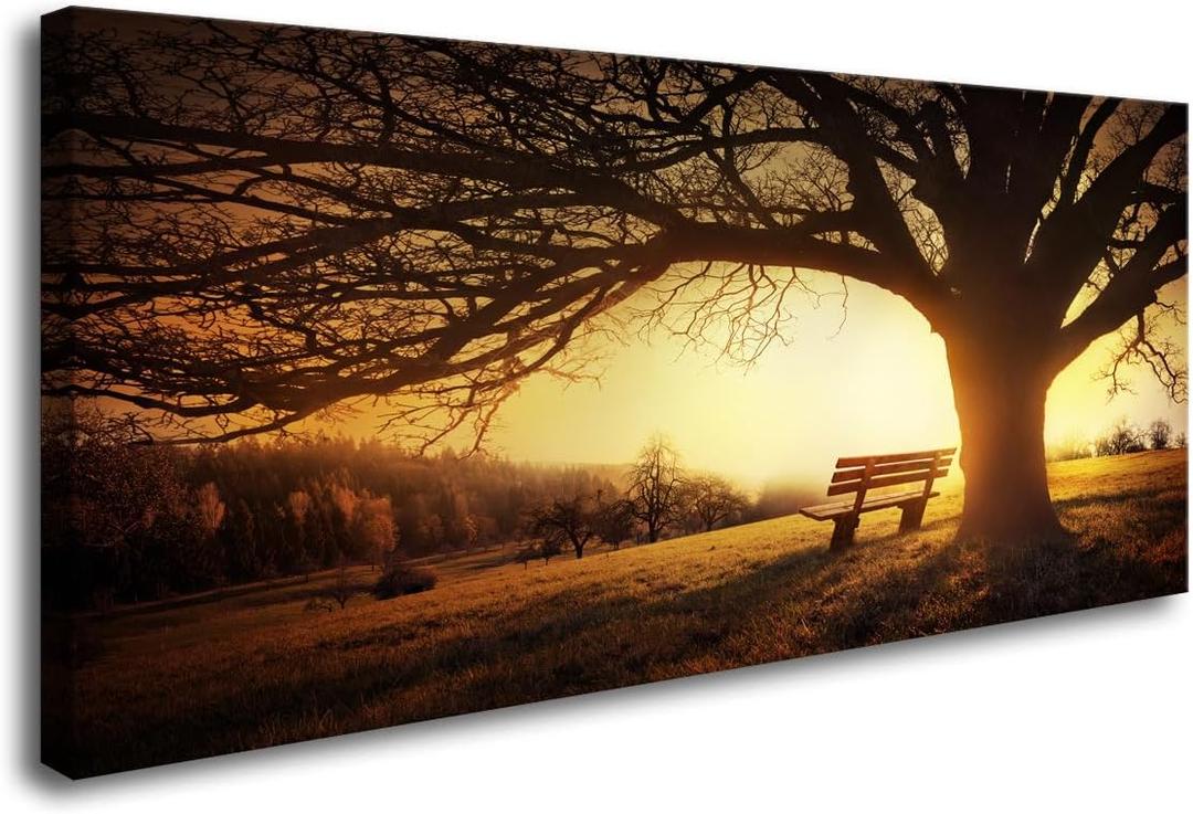 Muolunna Wall Art Decor Canvas Print Picture Big Trees in Sunset 1 Panel Golden Sunset Forest Natural Landscape Painting Artwork for Living Room Bedroom Office Home Wall Decor Framed Ready to Hang (40L" x 20W", Yellow)