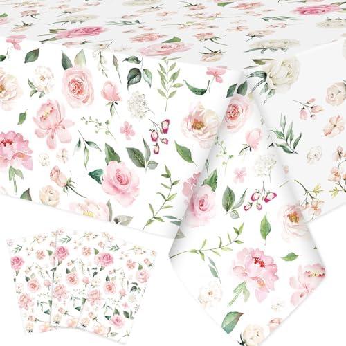 Ganeen 3 Pcs Pink Floral Tablecloth Disposable Plastic Table Covers Wildflower Waterproof Tablecloth for Baby Shower Birthday Wedding Mothers Day Tea Party Supplies and Decor, 54 x 108 Inch