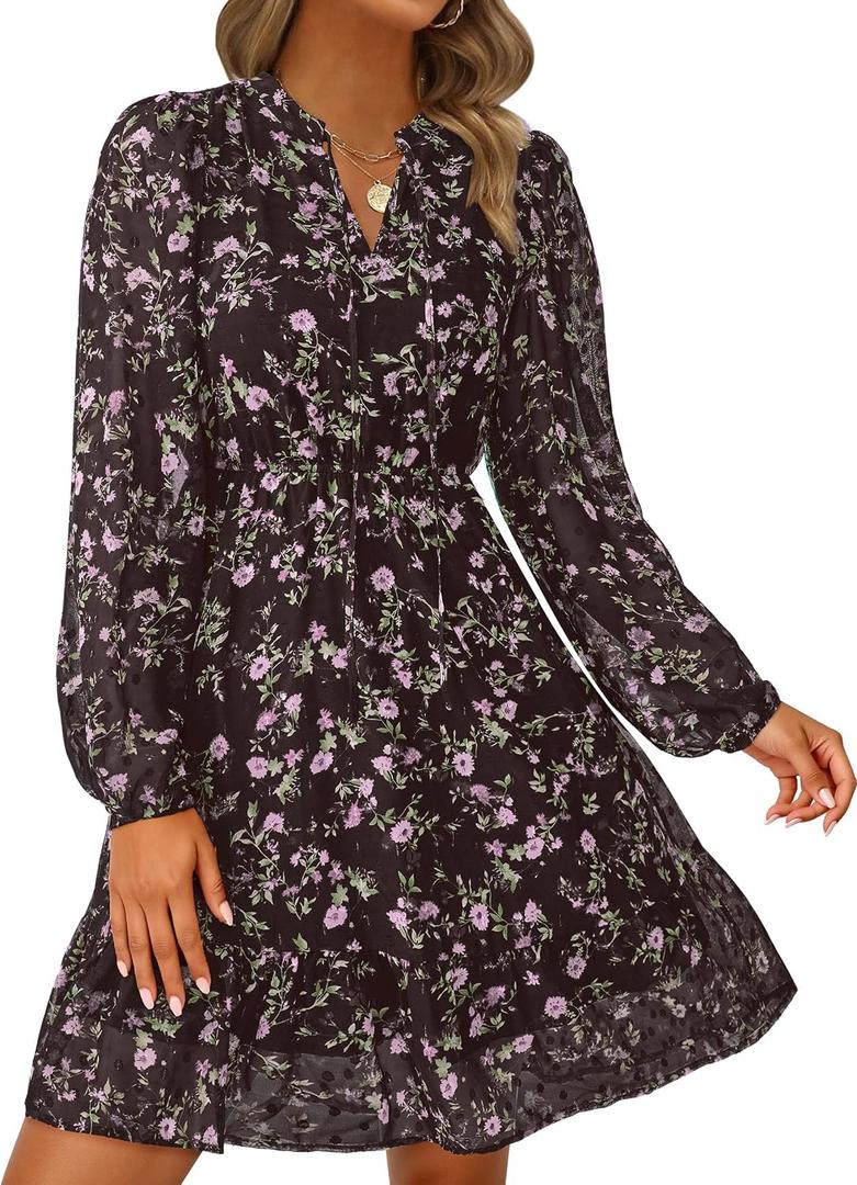 PRETTYGARDEN Women's Fall Boho Dresses 2026 Floral Long Sleeve V Neck Mini Flowy Wedding Guest Dress Trendy Vacation Outfits, XX Large