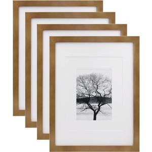 Egofine 11x14 Picture Frames 4 Pack Display Pictures 5x7/8x10 with Mat or 11x14 Without Mat Made of Solid Wood Covered by Plexiglass for Table Top Display and Wall Mounting Photo Frame, Light Brown