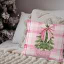2 x Pink Chinoiserie Christmas Tree Pillow Covers 18x18, Grandmillennial Christmas Decor, Preppy Pink Bow Xmas Tree Plaid Decorative Pillow Covers for Bedroom Living Room Home