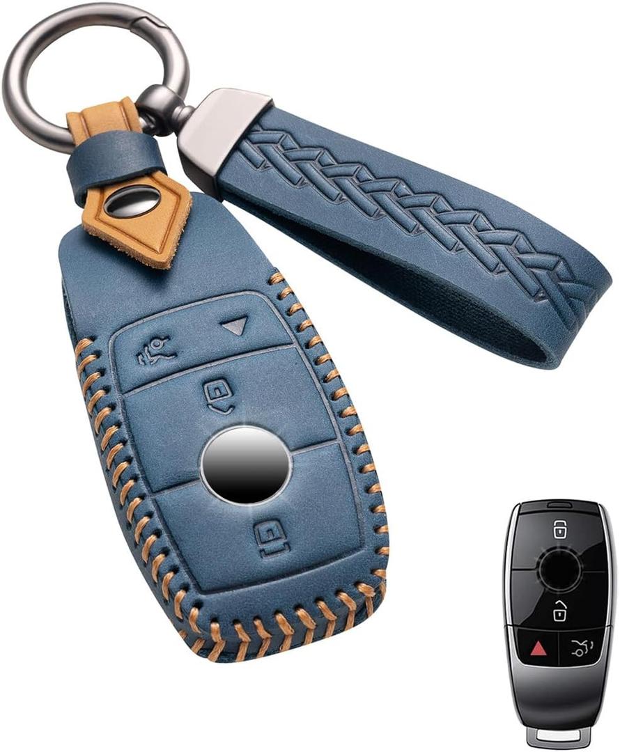 for Mercedes Benz Key Fob Cover Leather Car Key Case Keychain Fob Holder Compatible for Mercedes Benz A-Class C-Class E-Class G-Class S-Class 2017-2024 (Blue)