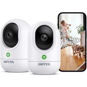INFIYA 2K Security Camera Indoor-360 Cameras for Home Security and One-Tap Call, Elderly/Cat/Baby/Nanny, Motion Alert, Intelligent Tracking, 2.4GHz WiFi Only, Work with Alexa/Google Home, K7 2Pack