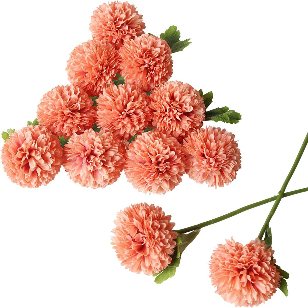 CCINEE 12Pcs Fall Artificial Flowers Chrysanthemum Ball, Autumn Silk Floral Arrangement Fake Flowers Bouquet Long Stem Hydrangea for Home Office Coffee House Parties and Wedding Decor (Orange)