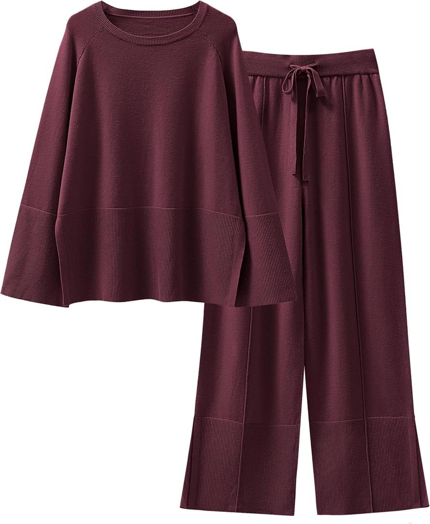 ANRABESS Womens 2 Piece Outfits Oversized Knit Sweater Set Wide Leg Pant Cozy Lounge Matching Pajama Sets 2025 Trendy Clothes (Medium, Burgundy)