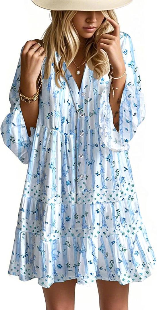 Opemiby Summer Dresses for Women 2026 Flowy Ruffle 3/ 4 Sleeve V Neck Tiered Casual Babydoll Boho Beach Mini Dress Blue White Flowers XXL