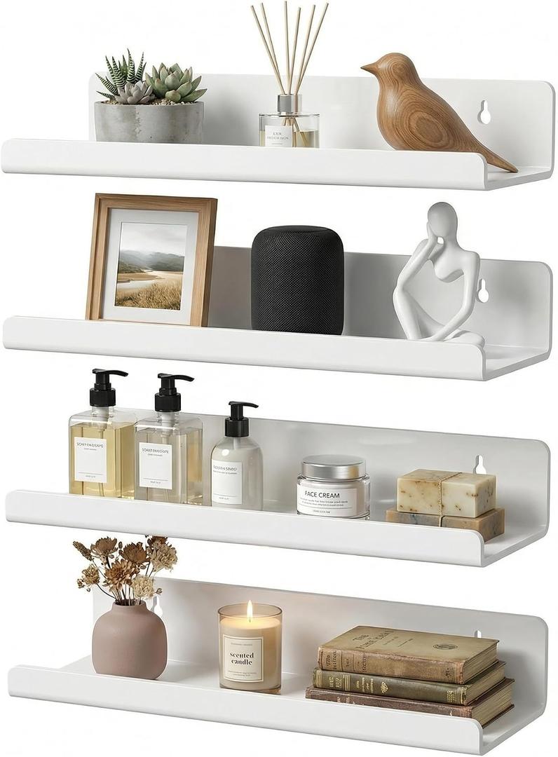 Acrylic Floating Shelves, Adhesive Wall Mount Command Shelves for Bathroom, Kitchen, Dorm - Renter-Friendly Easy Install Wall Shelves for Home Decor and Organization (Glossy White-4 Pack)