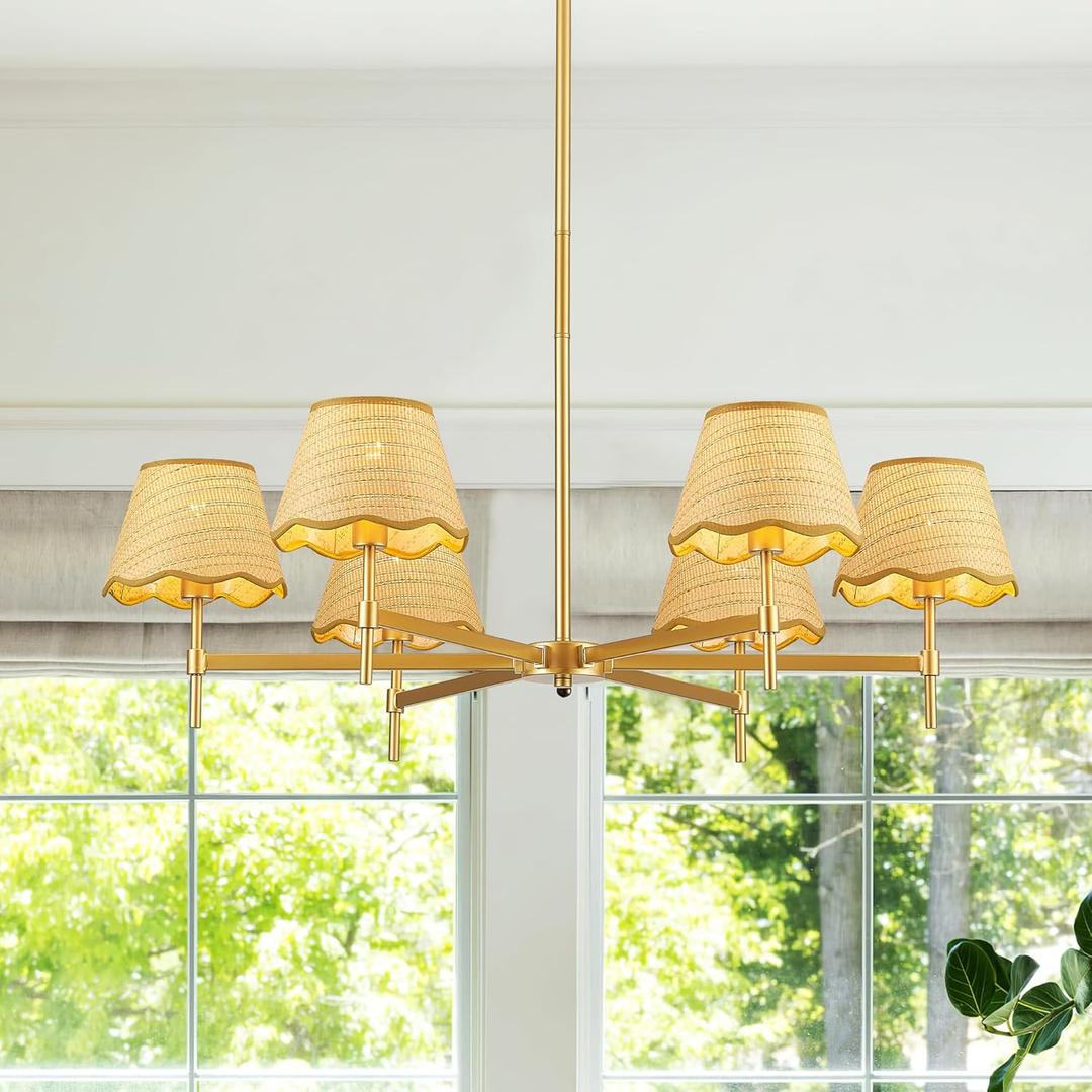 6-Light Boho Rattan Chandelier with Woven Shades, 35 Brass Gold Light Fixture for Dining Room,Adjustable Rustic Pendant Light for Kitchen Island Living Room Entryway,E12.