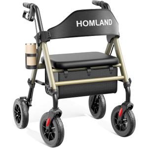 HOMLAND Walkers for Seniors with Seat, Foldable Rollator Walker, Reinforced Aluminum Frame, 8" Big Rubber Wheels for All Terrain, Height Adjustable Lightweight Rolling Walker (400 Pound, Champagne)