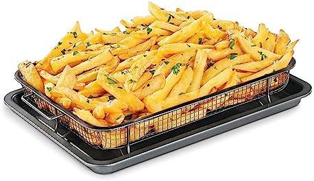 Bakken Swiss Air Fryer Tray – 2-in-1 Nonstick Crisper Basket with Elevated Mesh for Oven Use – Dishwasher Safe, Ceramic Coating, PTFE/PFOA/PFOS-Free, Extra-Large 9.5" x 13", Gray