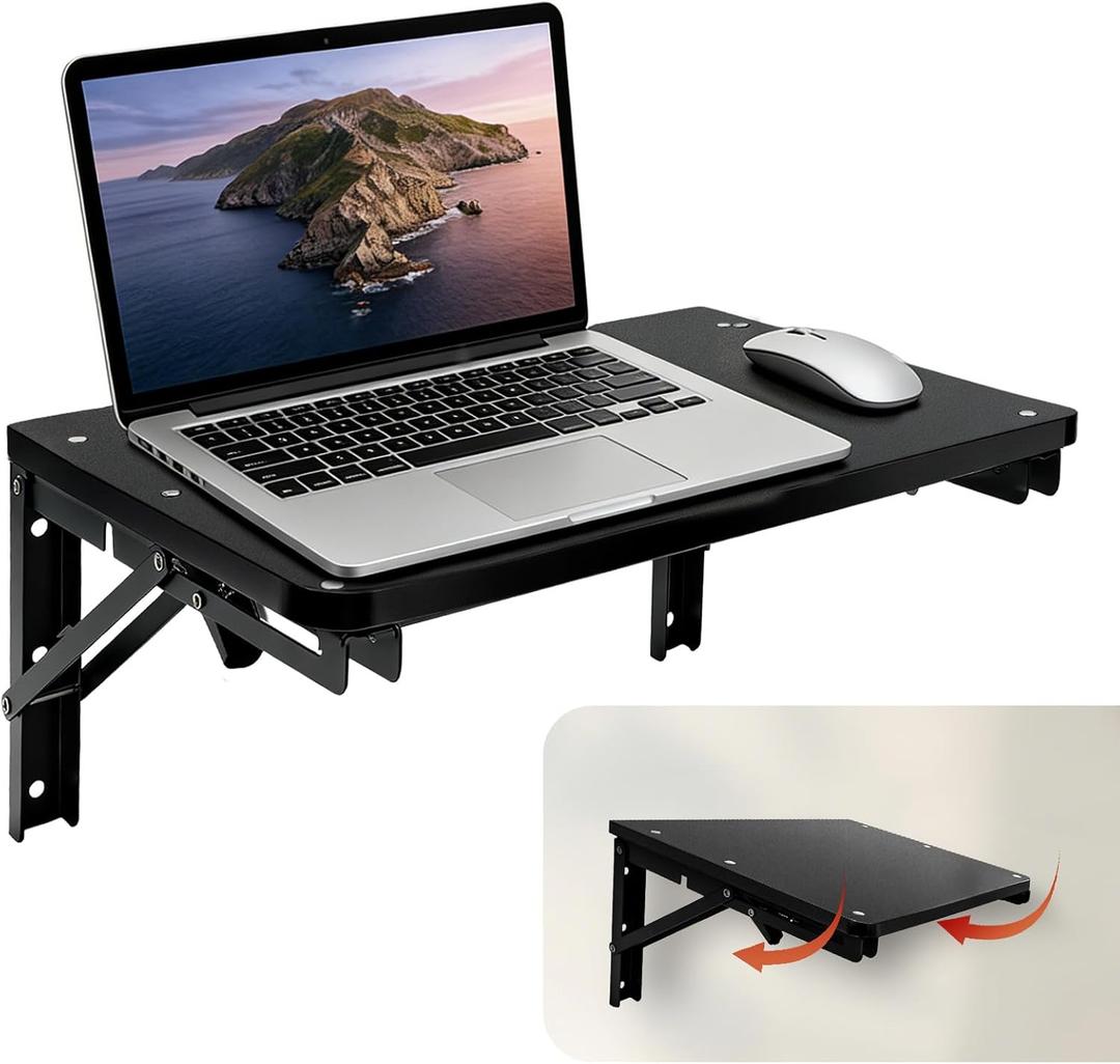 Wooden Folding Shelf Wall Mounted for Small Space, Wall Table for Living Room Bedroom Decor, Home Office Floating Fold Down Desk, Media Shelves with Heavy-Duty Brackets Holds Up to 55lbs Black (16.5in)