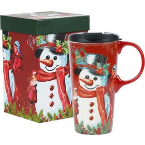 Christmas Ceramic Coffee Mug Snowman Travel Cup with Gift Box, 17oz Latte Cup for Xmas Holiday Party, Microwave Safe