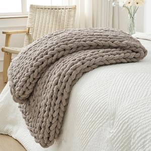 Bigacogo Chunky Knit Throw Blanket for Couch, 40x60 inches, 100% Hand Knitted with Thick Jumbo Chenille Yarn, Cozy Soft Large Rope Knot Cable Crochet Blankets for Sofa Bed Living Room, Taupe, 40"x60" (Medium Size Throw