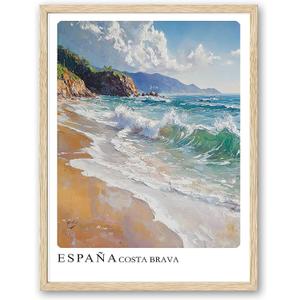 sea Abstract Wall Art Oak Wood Beach Frame Wall Art, 8X10 inch Spanish Retro Travel City Poster Canvas Print, Classic City Landmark, Suitable Bedroom for Living Room