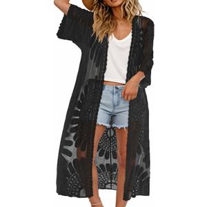 CHICGAL Womens Swimsuit Coverup Lace Bathing Suit Cover Up Beach Kimonos Long Cardigan Open Front Swimwear (One Size, Black)