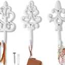 Shabby Chic Decorative Wall Hooks - Set of 3 - Cast Iron French Country Wall Decor - Farmhouse Hangers for Coats, Purses and More - Pure White