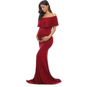 Glampunch Womens Off Shoulder Maternity Dress Ruffles Elegant Slim Gowns Fit Maxi Photography Dress (Medium, Burgundy)